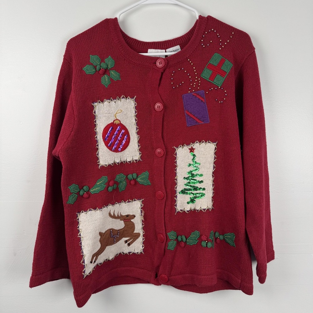 Bobbie Brooks Sweater Womens Medium Red Christmas Cardigan Holly Reindeer Tree